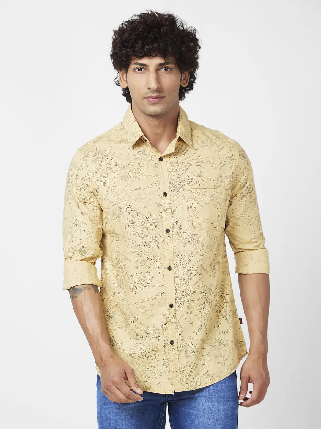 Spykar Men S and Khaki Slub Regular Slim Fit Full Sleeve Casual Floral Print Shirt