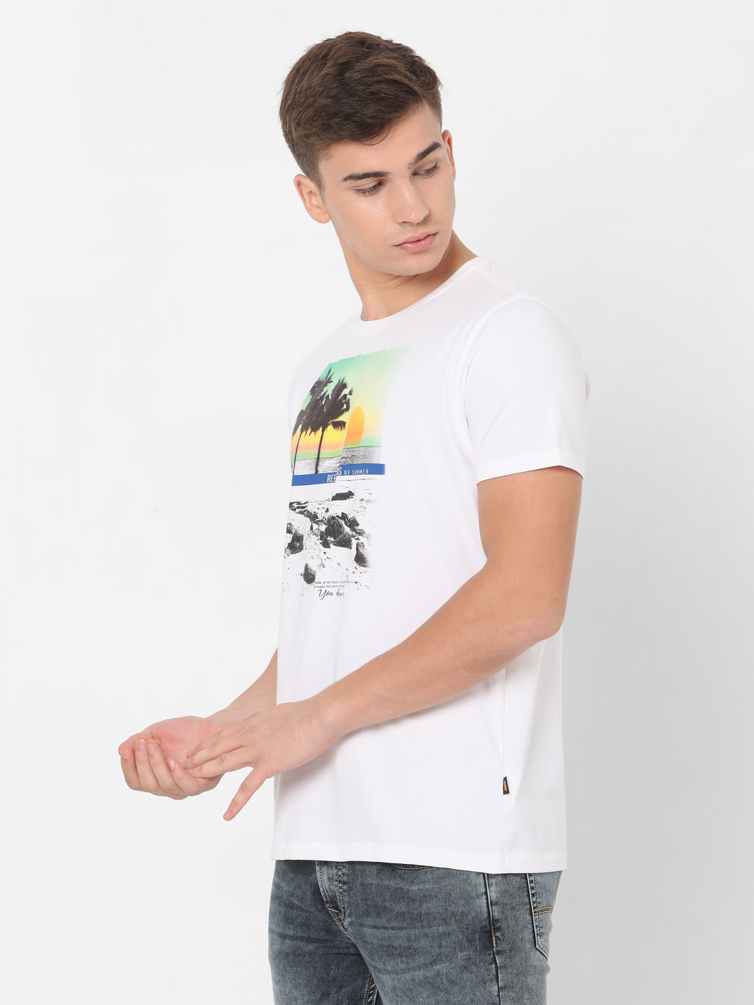 Spykar Men White Cotton Slim Fit Round Neck T-Shirt