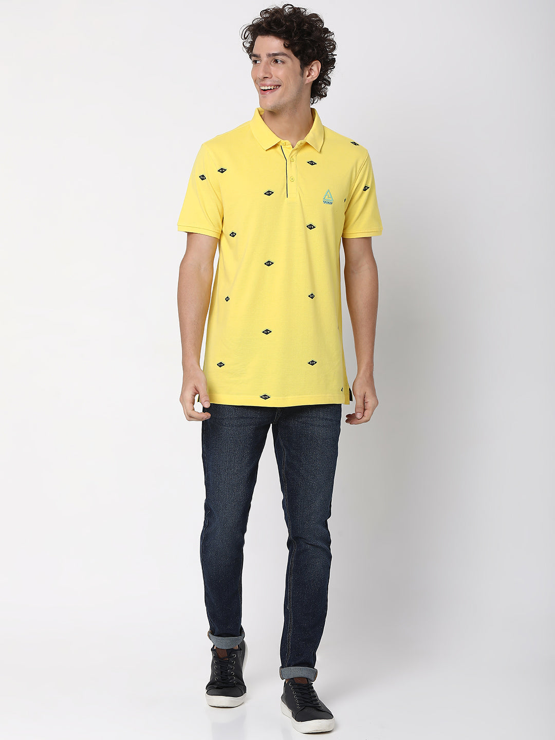 Spykar Men Pastel Yellow Cotton Printed Casual Polo Tshirt