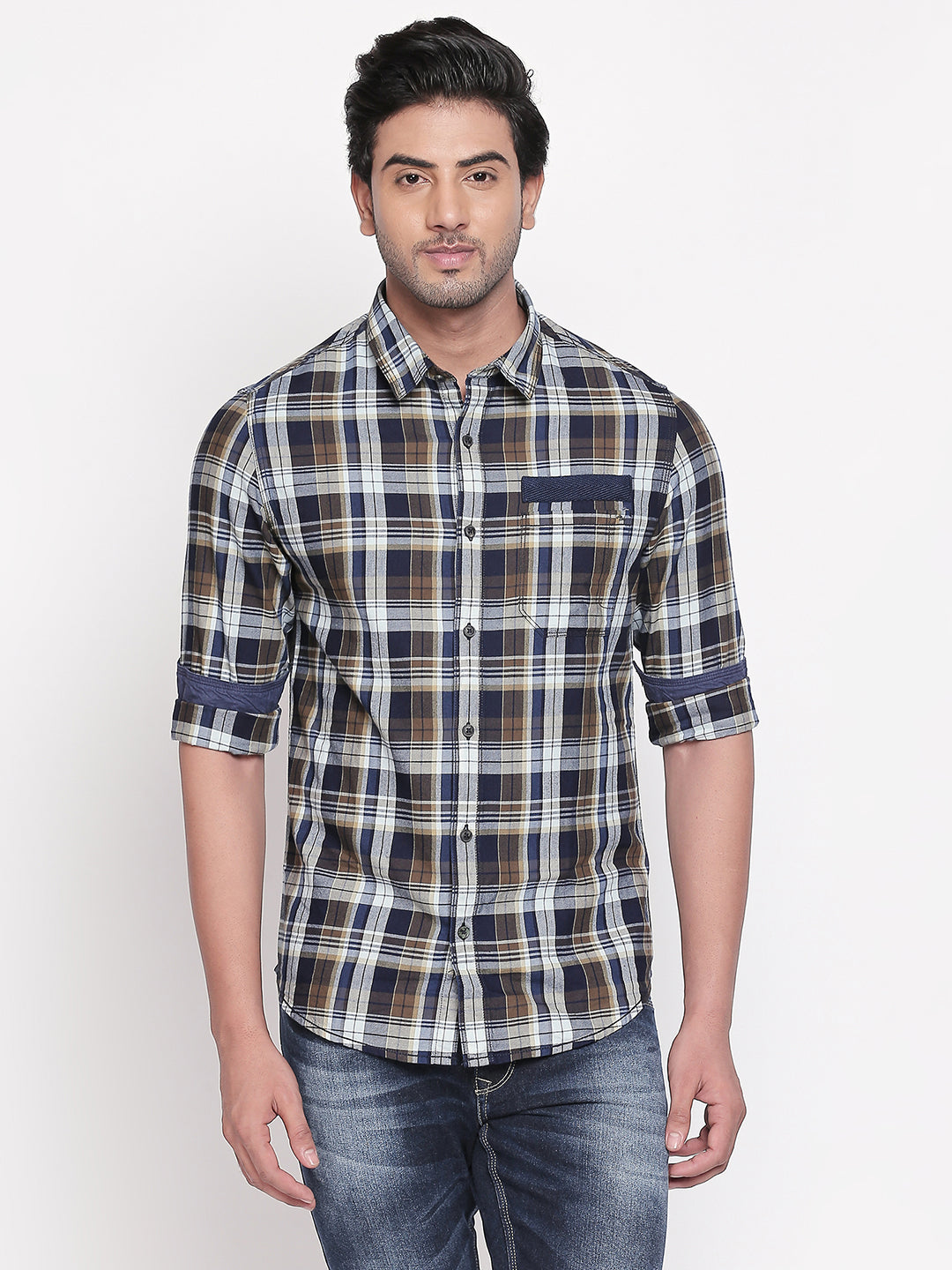 Spykar Men Olive Checked Slim Fit Casual Shirt