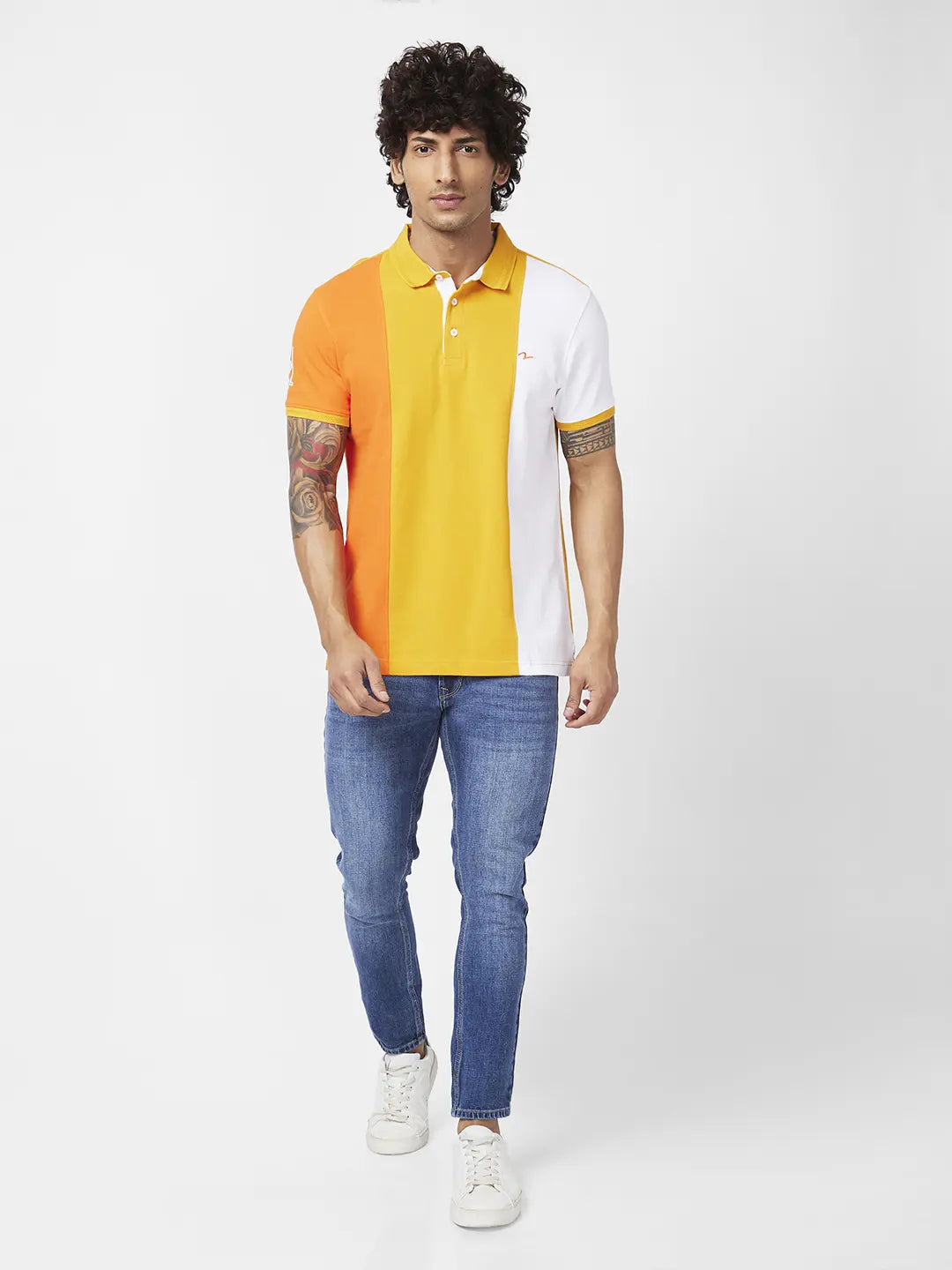 Spykar Men Mustard Yellow Cotton Slim Fit Half Sleeve Polo Neck Printed Tshirt