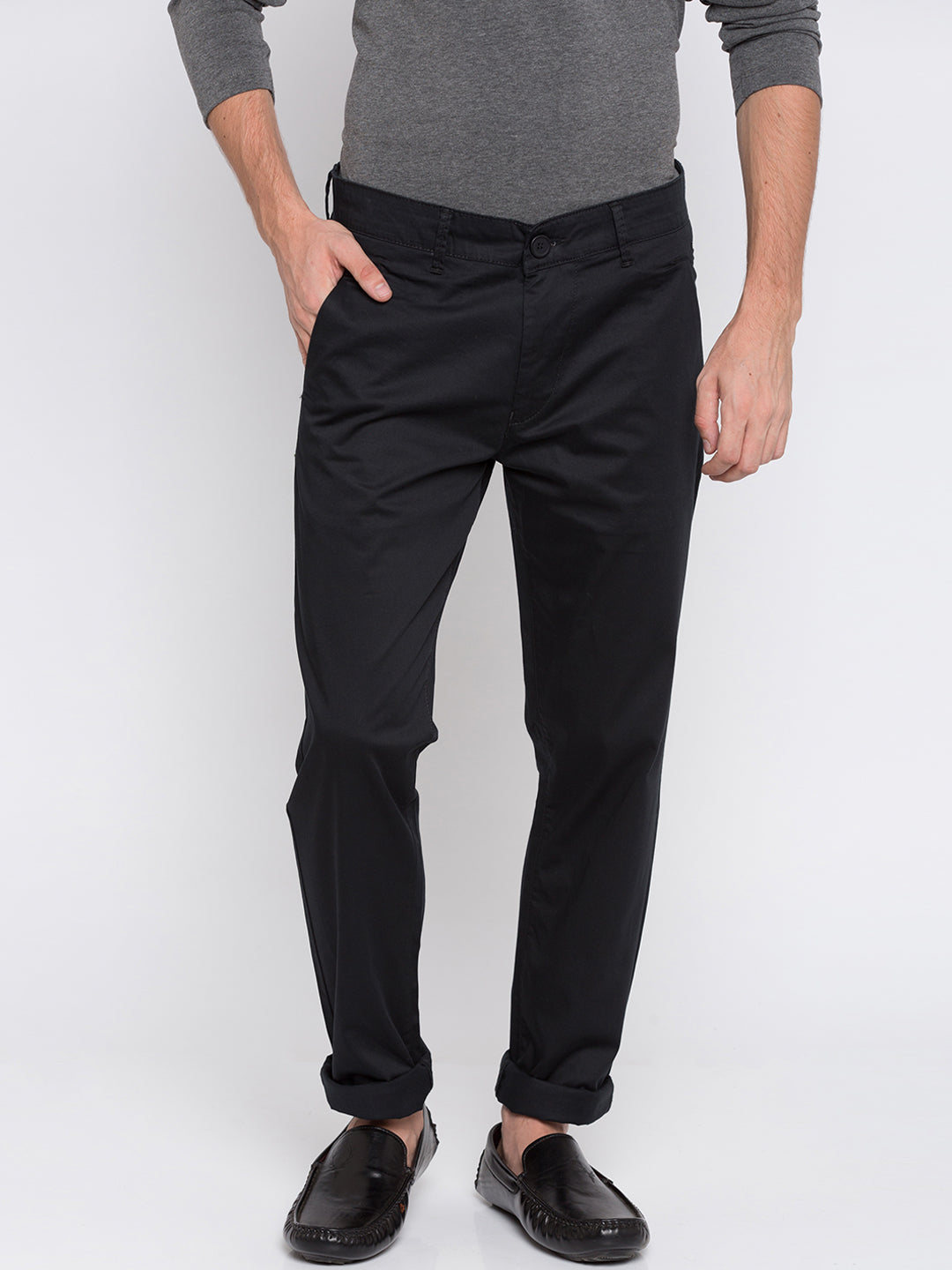 Spykar Men Black Cotton Slim Fit Casual Trousers