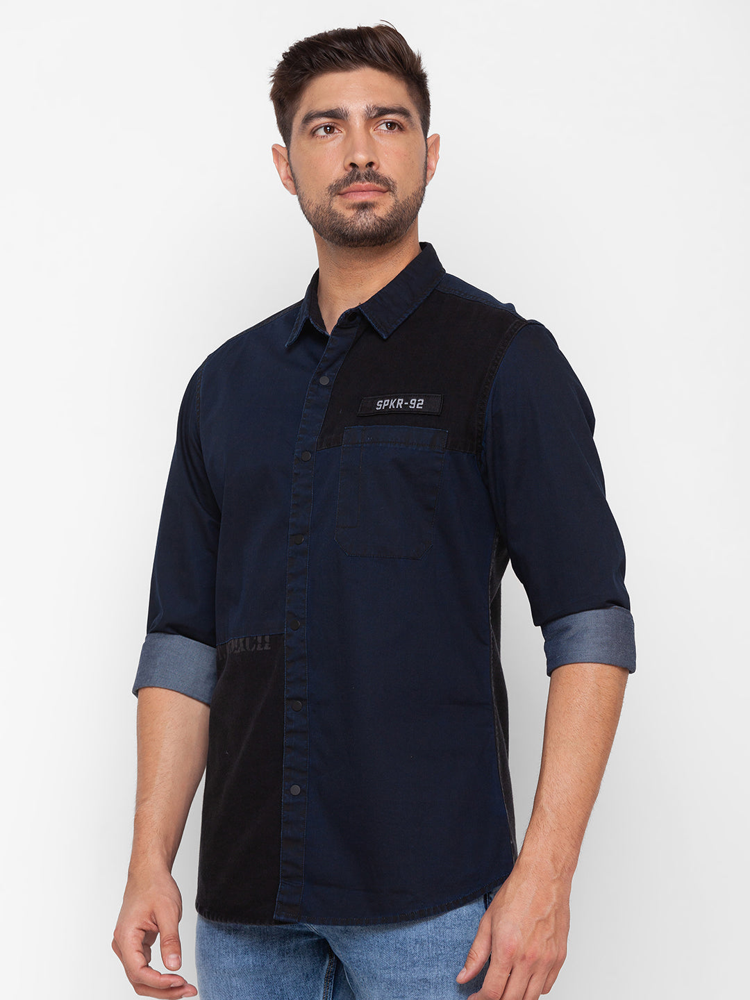 Spykar Dark Blue Cotton Full Sleeve Denim Shirt For Men