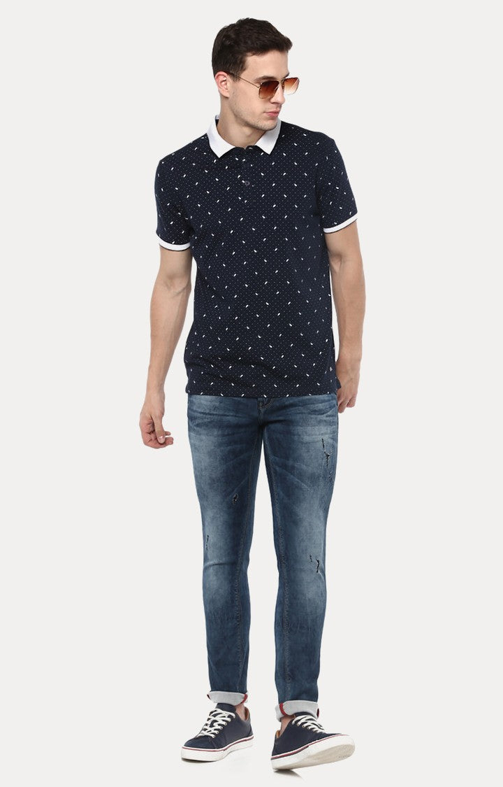 Spykar Navy Blue Printed Slim Fit Polo T-Shirt