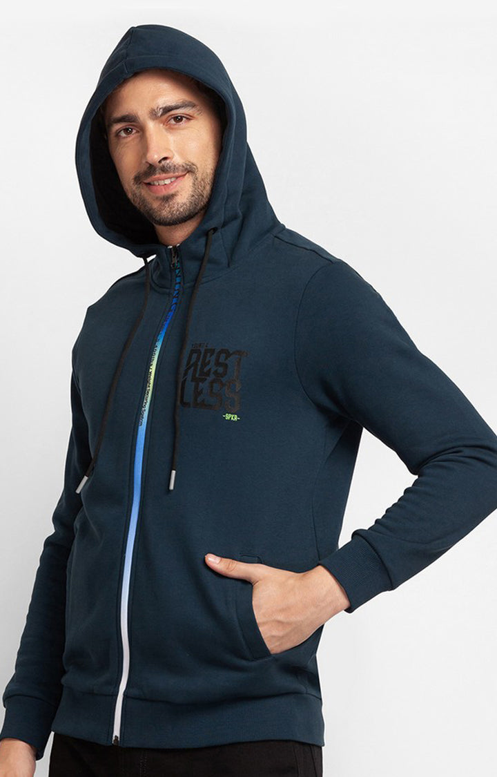 Spykar Teal Blue Cotton Full Sleeve Hooded Sweatshirt For Men