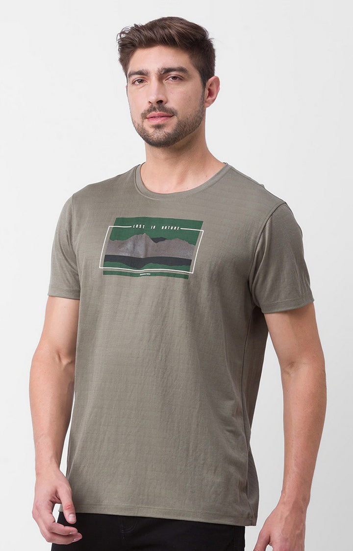 Spykar Smoke Olive Cotton Half Sleeve Printed Casual T-shirt For Men