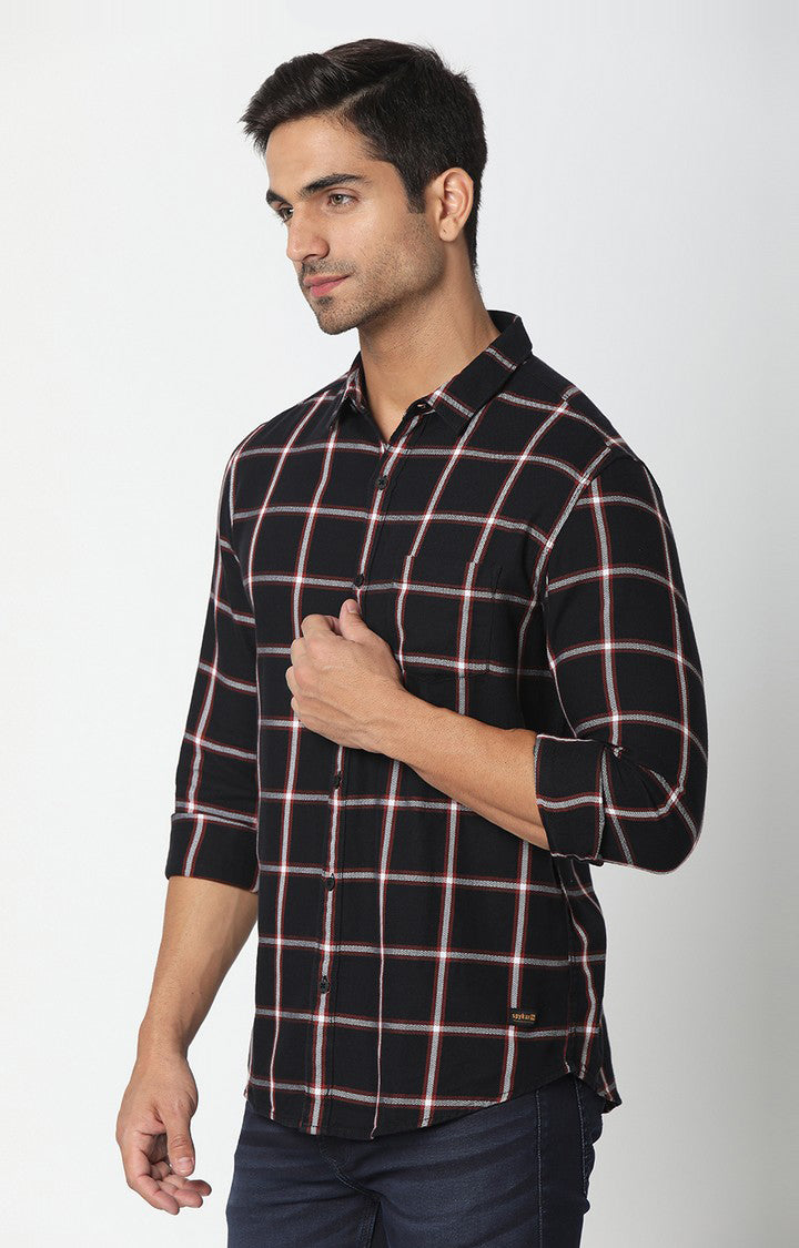 Spykar Men Black Cotton Slim Fit Checkered Shirt