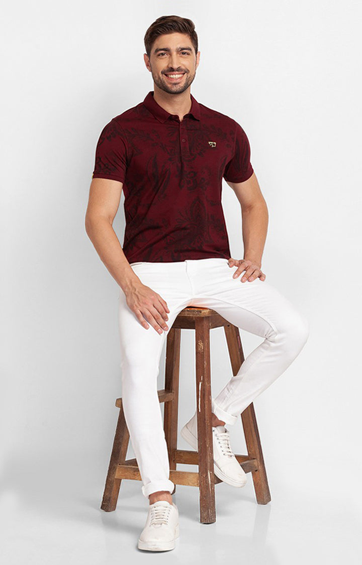 Spykar Wine Cotton Half Sleeve Printed Casual Polo T-Shirt For Men