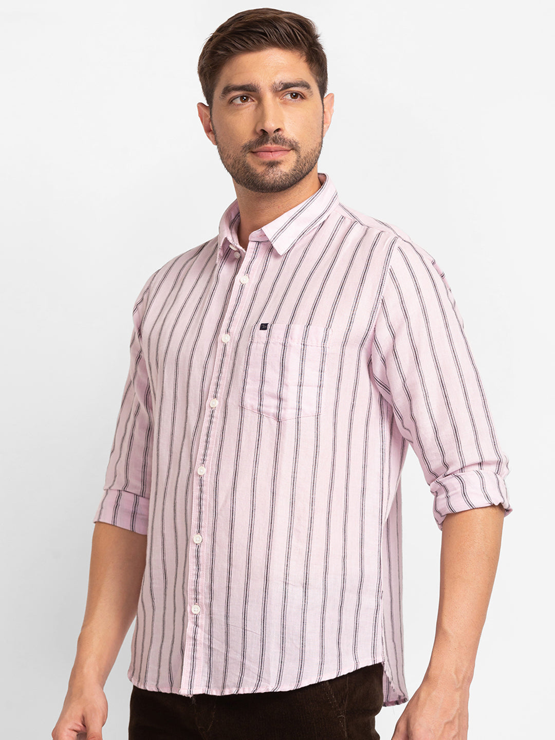 Spykar Powder Pink Cotton Full Sleeve Stripes Shirt For Men