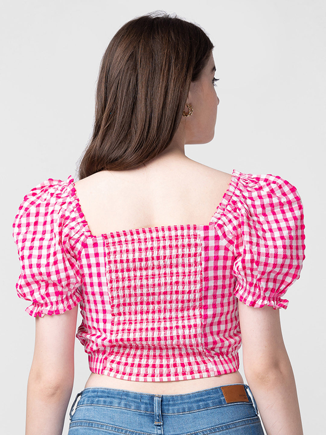 Spykar Women Fuschia Pink Cotton Checkered Crop Top