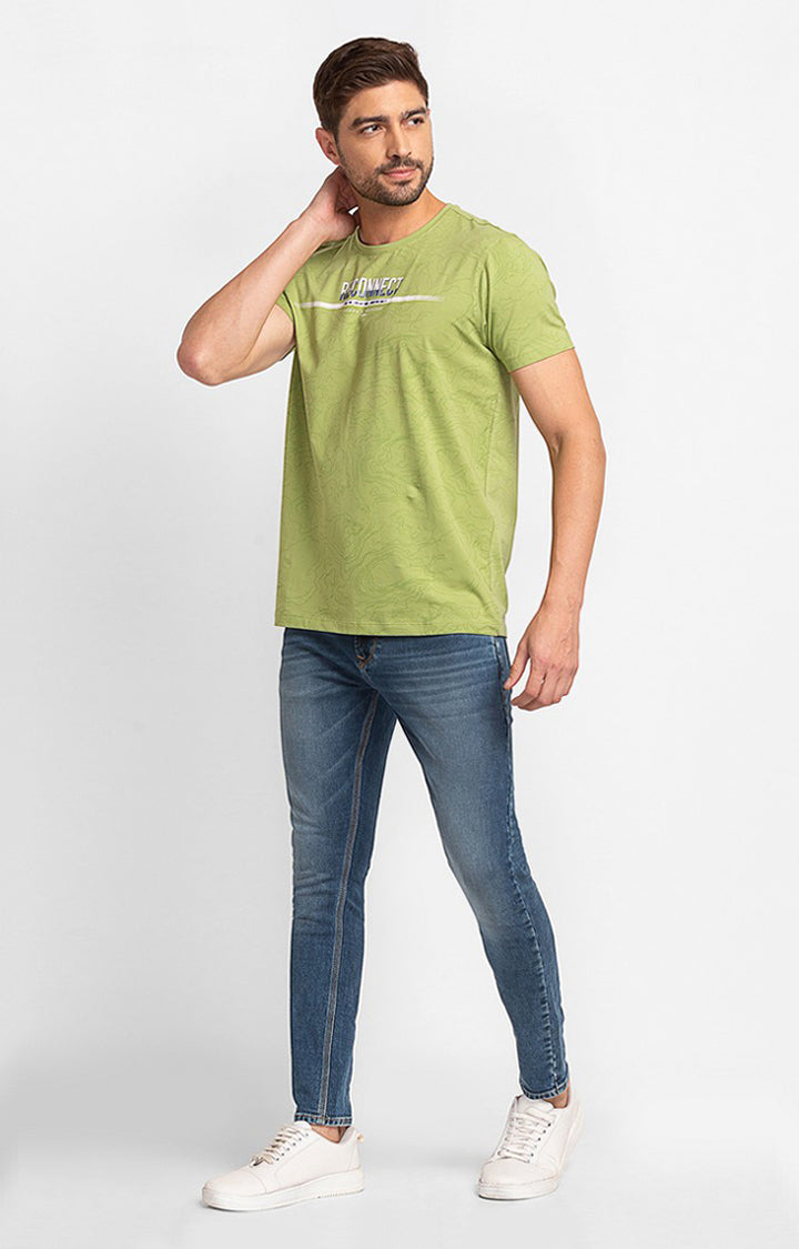 Spykar Dusty Green Cotton Half Sleeve Printed Casual T-Shirt For Men