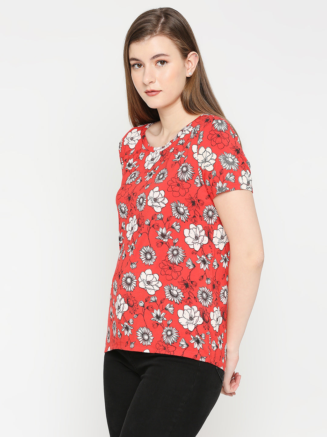 Spykar Women Red Blended Regular Fit Floral Print T-Shirts