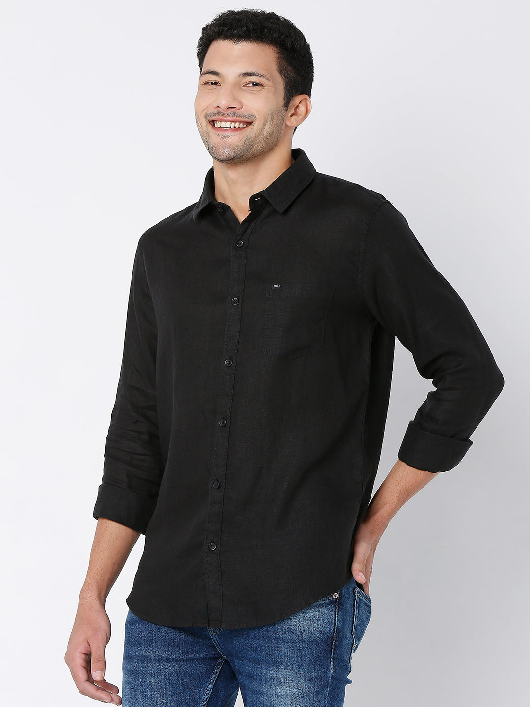 Spykar Men Black Cotton Full Sleeve Plain Shirt