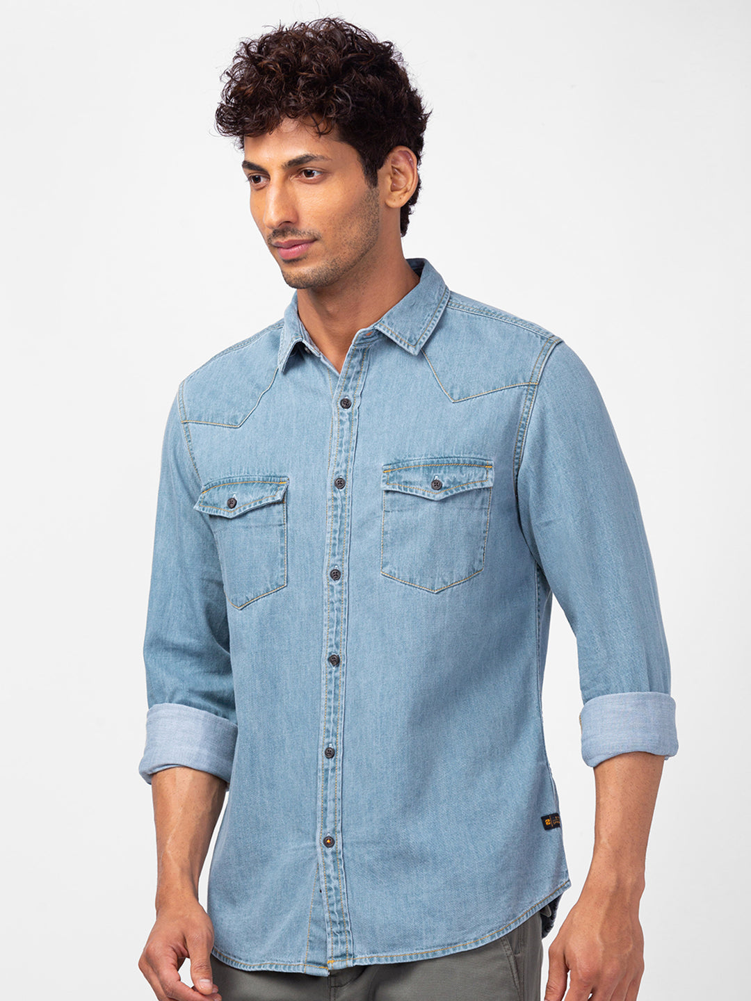 Spykar Men Light Blue Cotton Slim Fit Denim Shirts