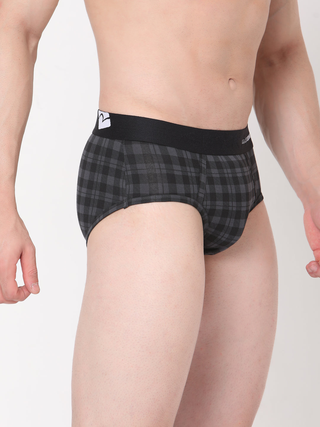 Men Premium Cotton Blend Black-Check Brief - (Pack Of 2)- Underjeans By Spykar