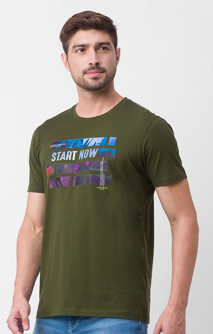 Spykar Rifle Green Cotton Half Sleeve Printed Casual T-Shirt For Men