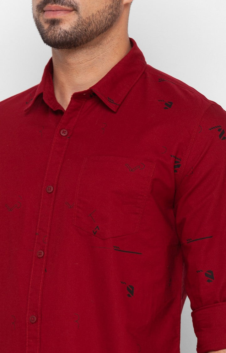 Spykar Deep Red Cotton Full Sleeve Printed Shirt For Men