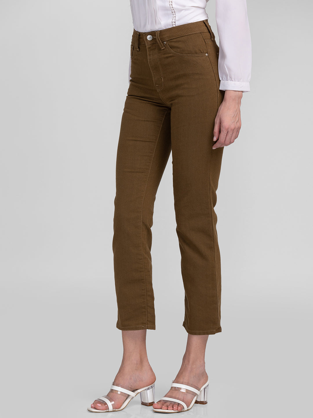 Spykar Women Dark Khaki Cotton Slim Straigth Fit Ankle Length Jeans (Emma)