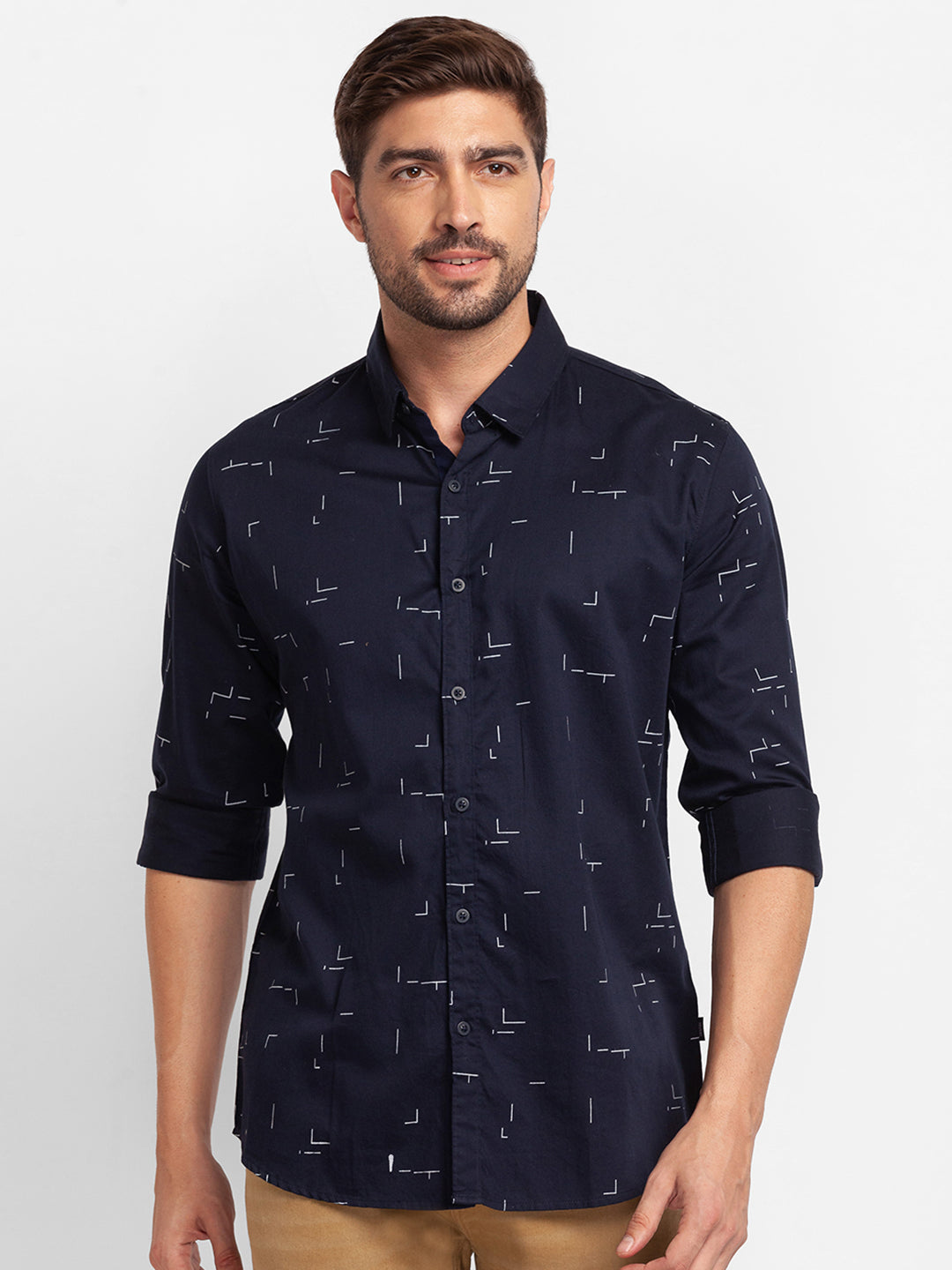 Spykar Navy Blue Satin Full Sleeve Printed Shirt For Men