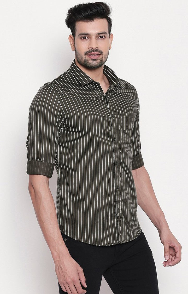 Spykar Men Olive Cotton Slim Fit Striped Shirt