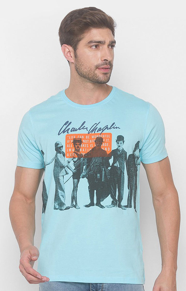 Charlie Chaplin Spykar Men Sky Blue Cotton Slim Fit Round Neck Printed T-Shirt