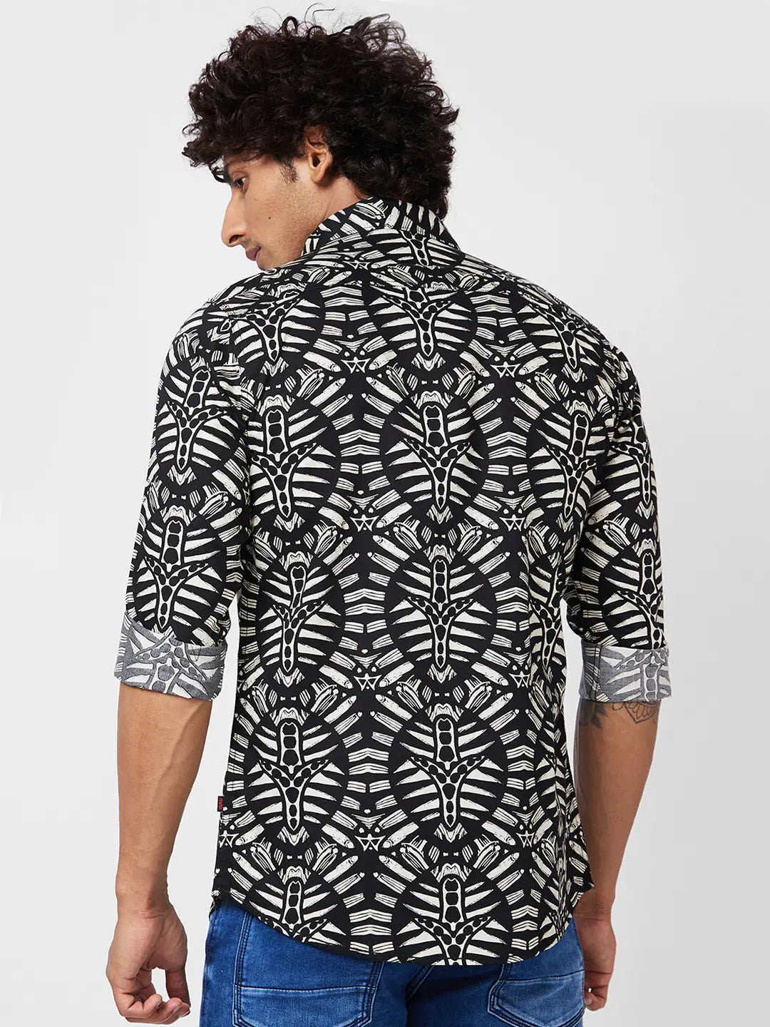 Spykar Men Black Cotton Regular Slim Fit Full Sleeve Causal Printed Shirt