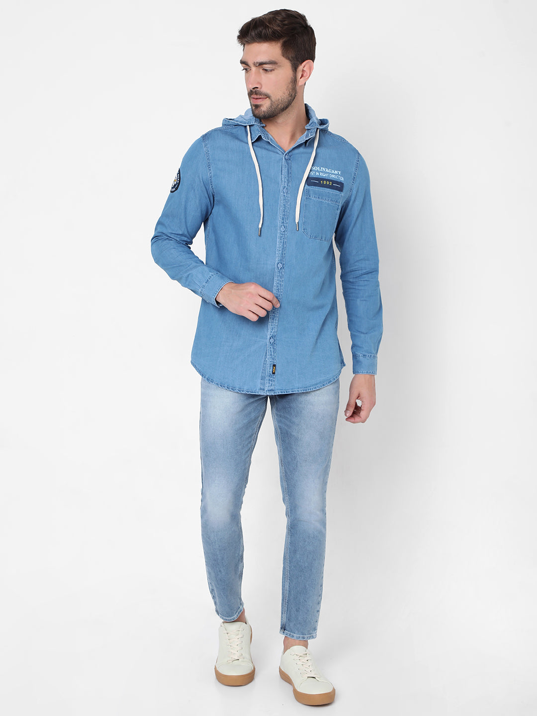 Spykar Blue Cotton Slim Fit Hooded Shirts For Men