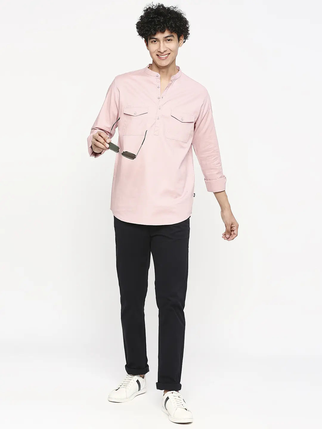 Spykar Men Tank Pink Cotton Slim Fit M and arin Collar Plain Kurta