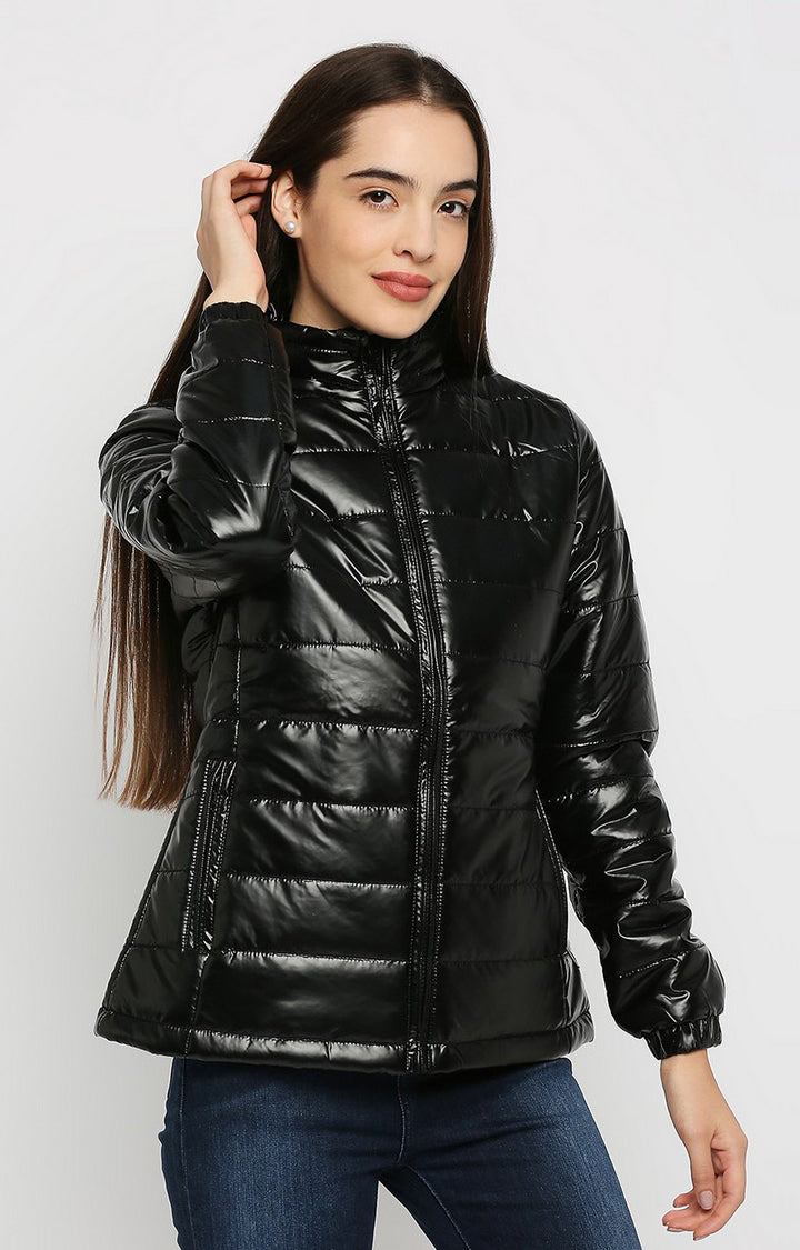 Spykar Women Black Polyester Regular Fit Round Neck Jacket