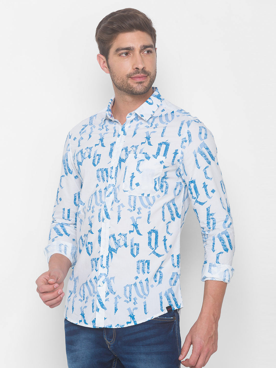 Spykar Men White Cotton Slim Fit Shirt