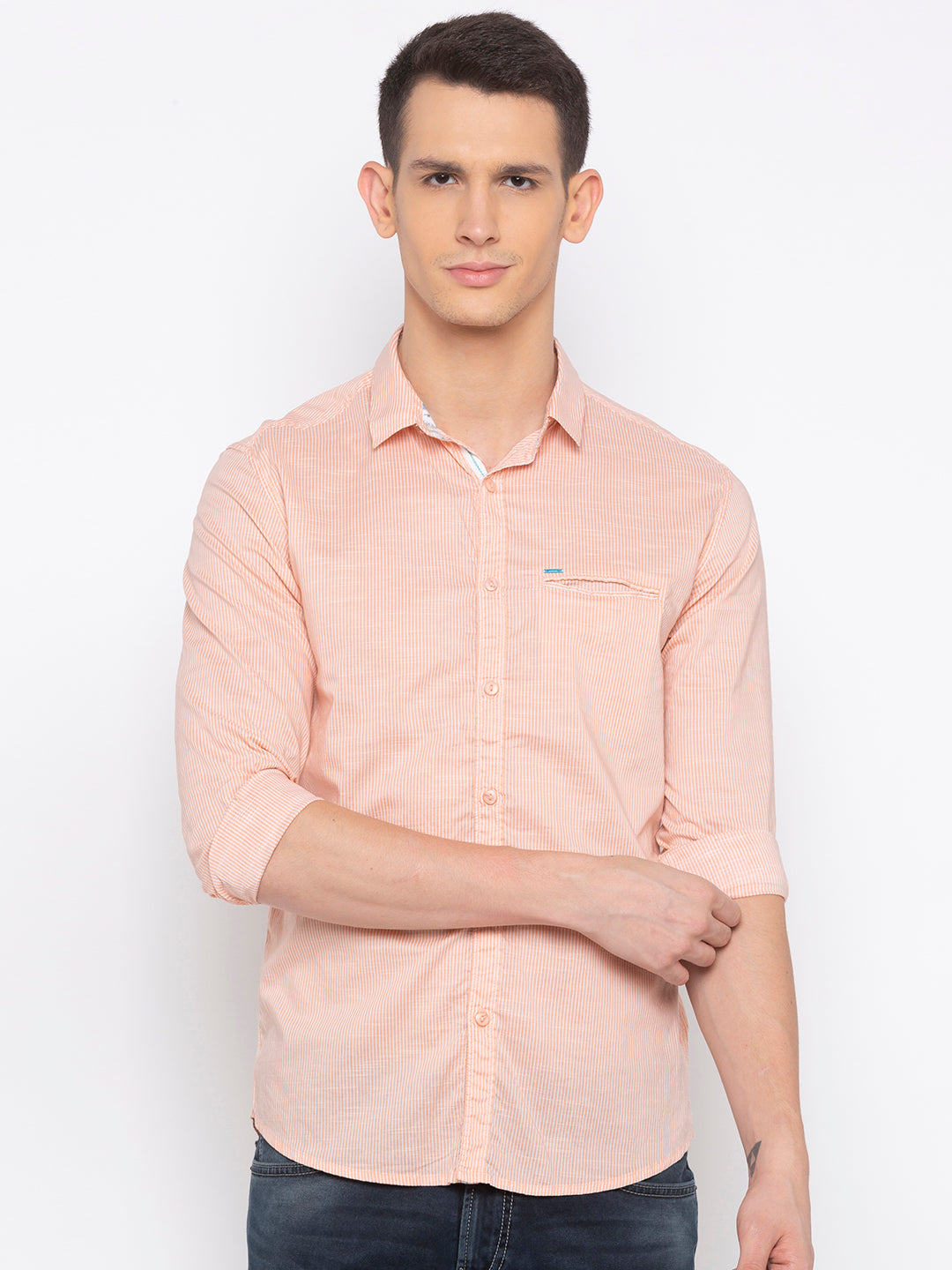 Spykar Men Peach Striped Slim Fit Casual Shirt