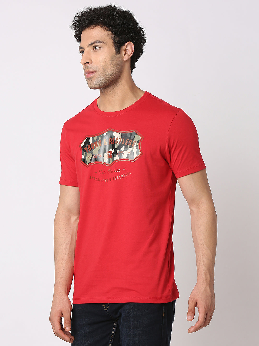 Spykar Men Red Cotton Slim Fit Round Neck Printed T-Shirt