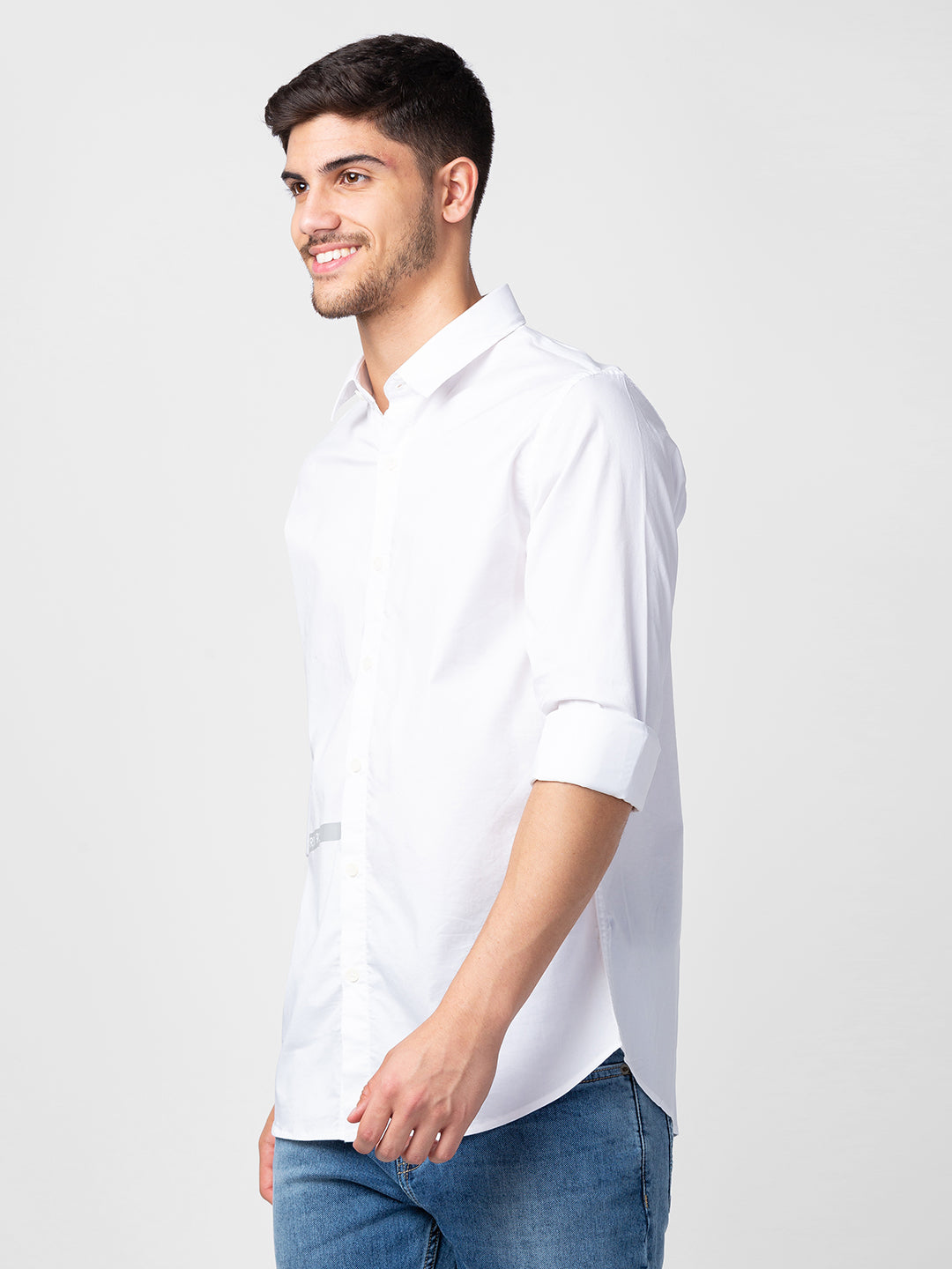 Spykar Men White Cotton Slim Fit Plain Shirt