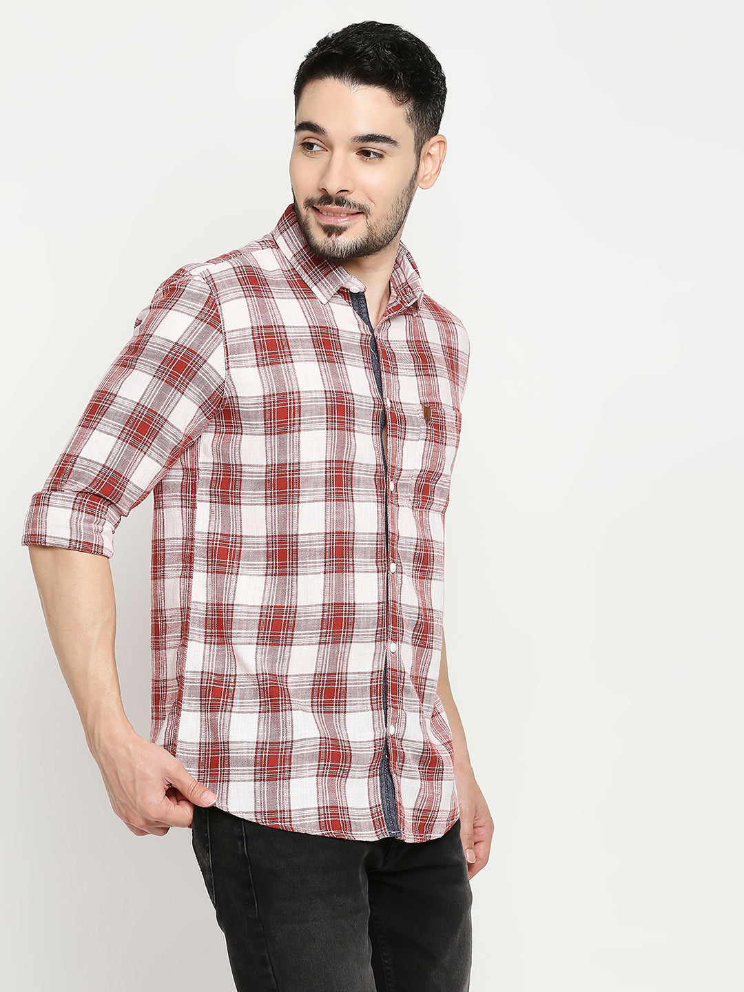 Spykar Brick Red Cotton Full Sleeve Checkered Shirt For Men