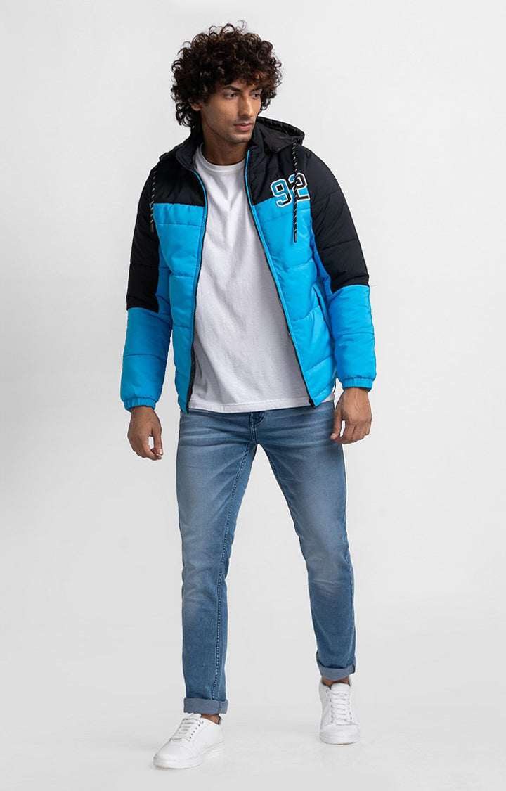 Spykar Aqua Blue Polyester Full Sleeve Hooded Jacket For Men