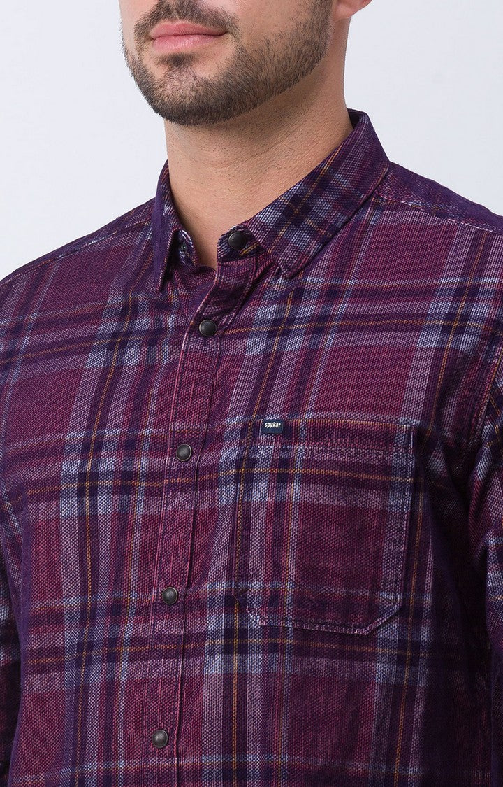 Spykar Mauve Pink Cotton Full Sleeve Checks Shirt For Men