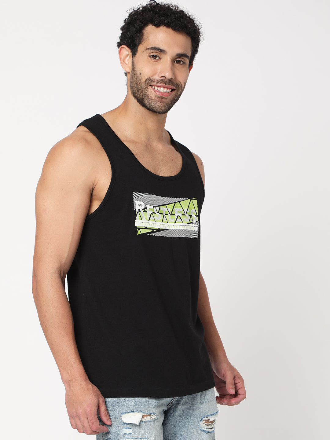 Spykar Men Black Cotton Sleeveless Printed Vest