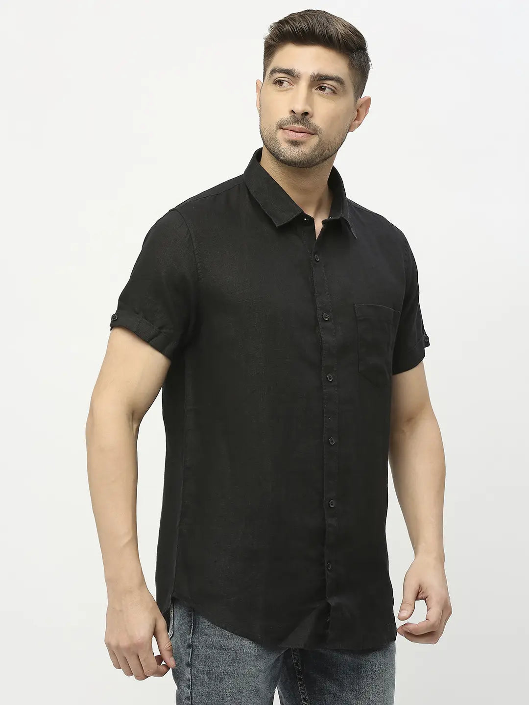 Buy Online Spykar Men Black Linen Regular Fit Half Sleeve Plain Shirt