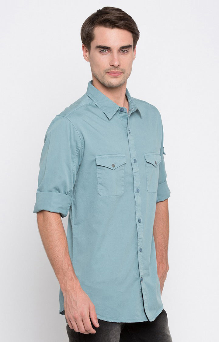 Spykar Men'S Blue Cotton Solid Casual Shirts