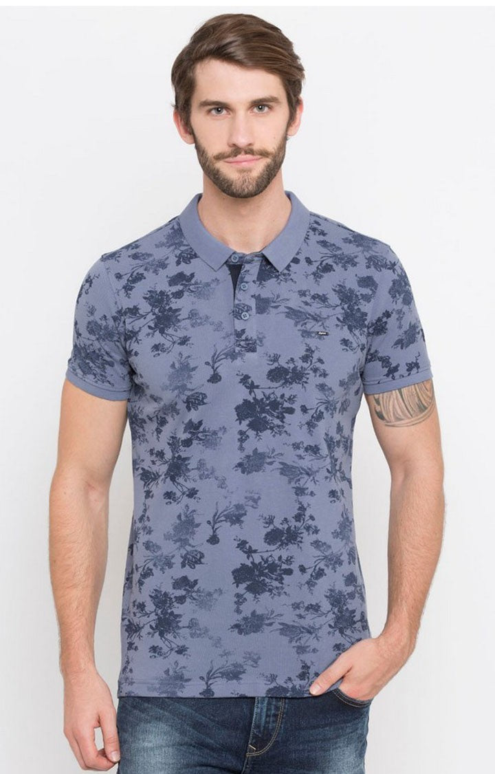 Spykar Blue Printed Slim Fit Polo T-Shirt