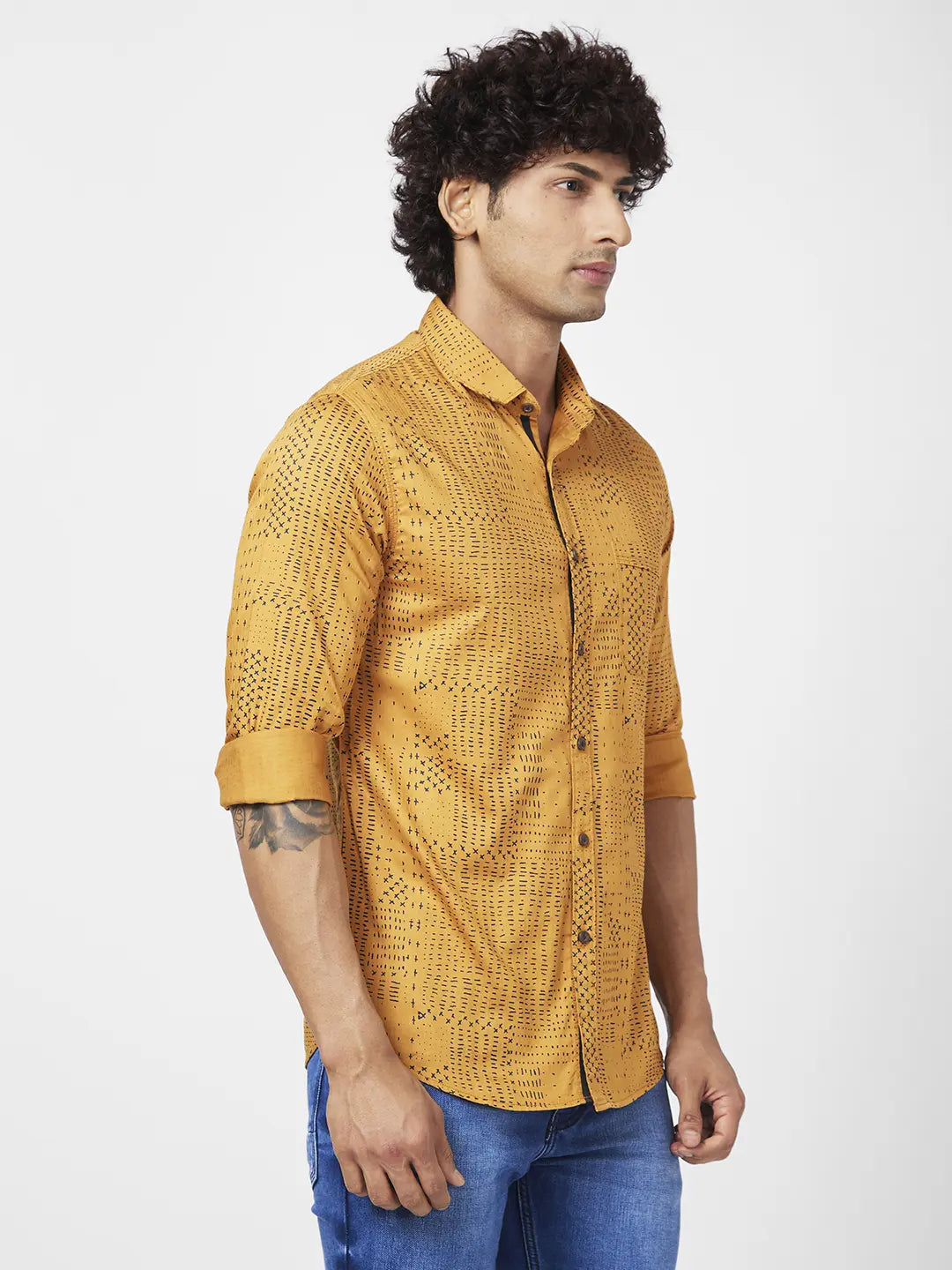 Spykar Men Dark Mustard Yellow Cotton Regular Slim Fit Full Sleeve Causal Printed Shirt