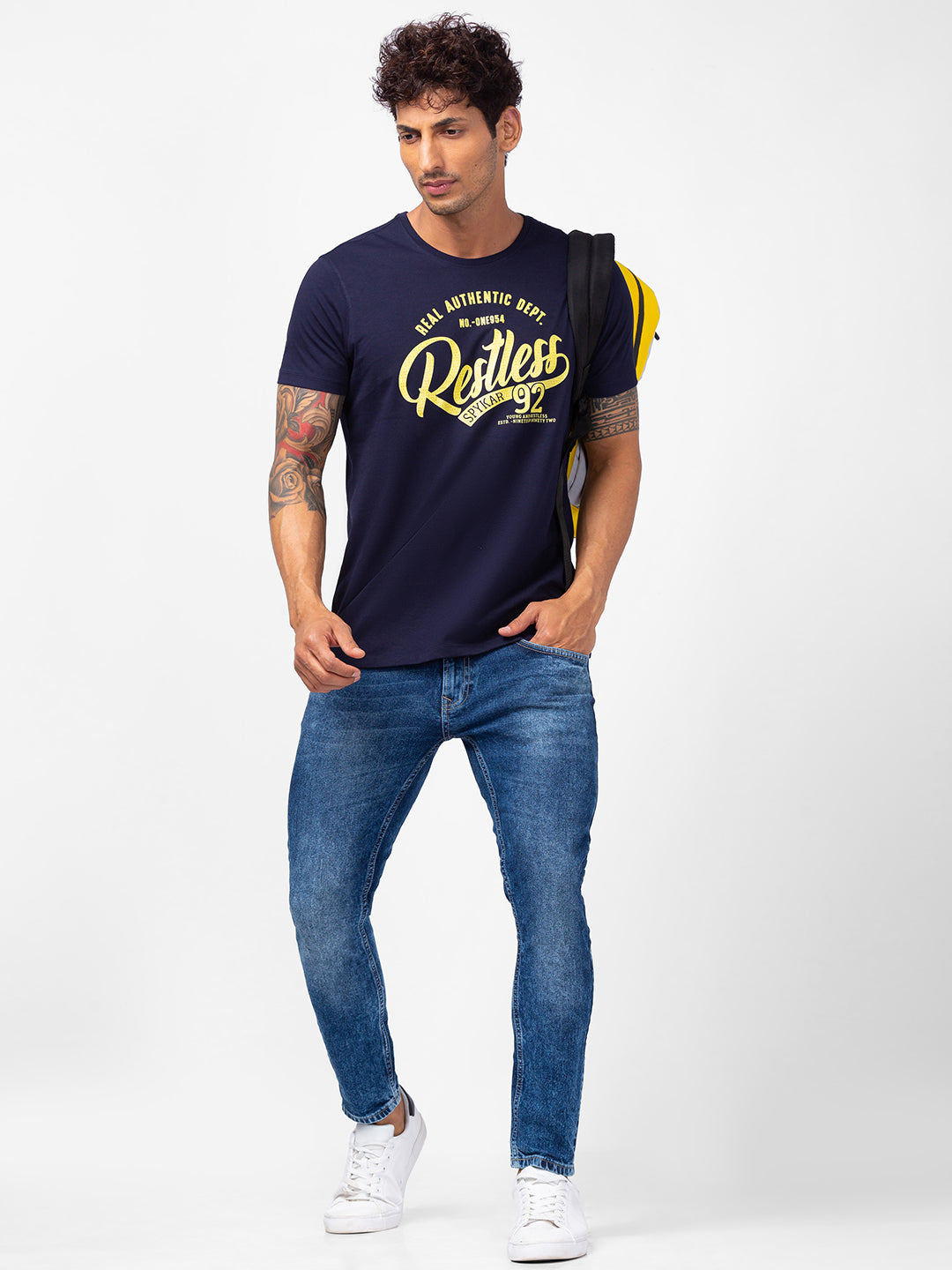 Spykar Men Navy Blue Cotton Slim Fit Round Neck Printed T-Shirt