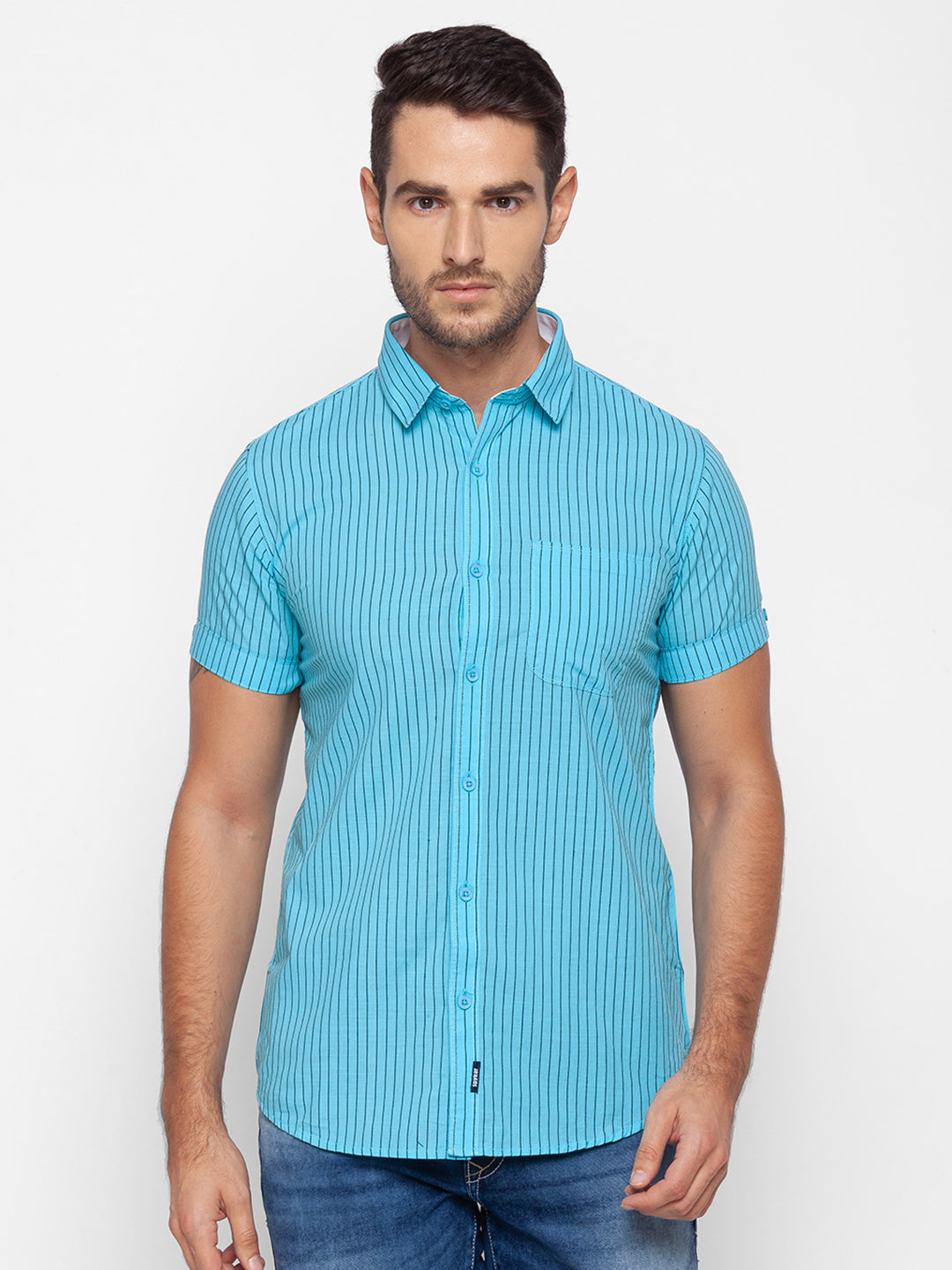 Spykar Slim Fit Blue Cotton Men Shirt