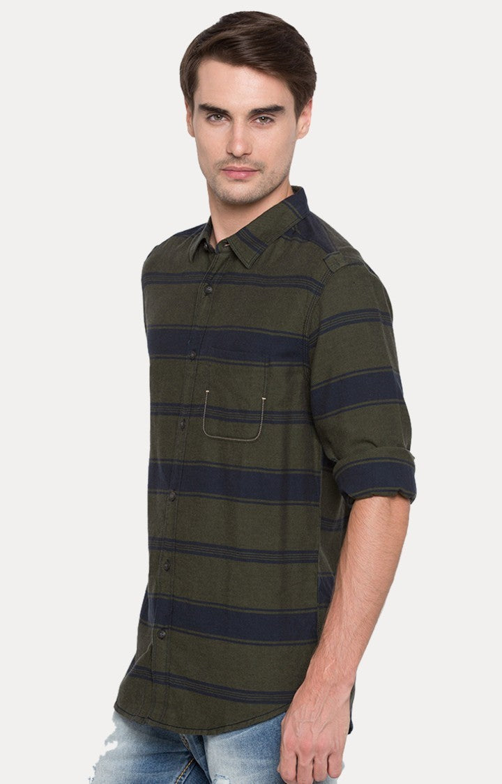 Spykar Men'S Green Cotton Striped Casual Shirts