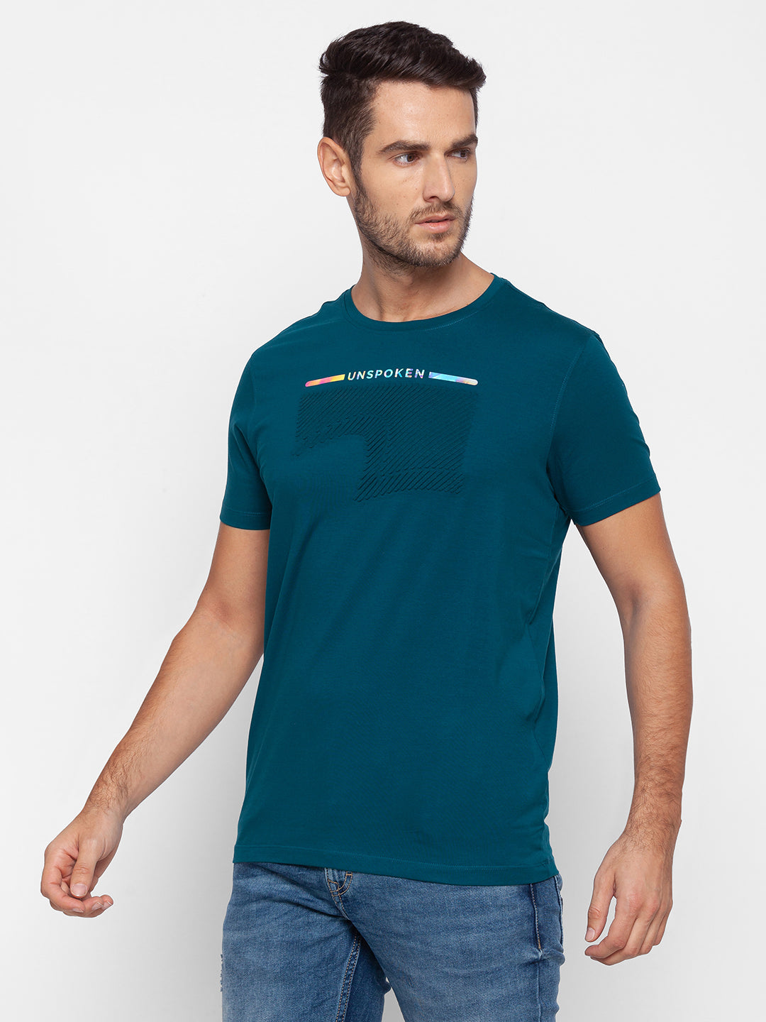 Spykar Men Blue Cotton Slim Fit Round Neck T-Shirt