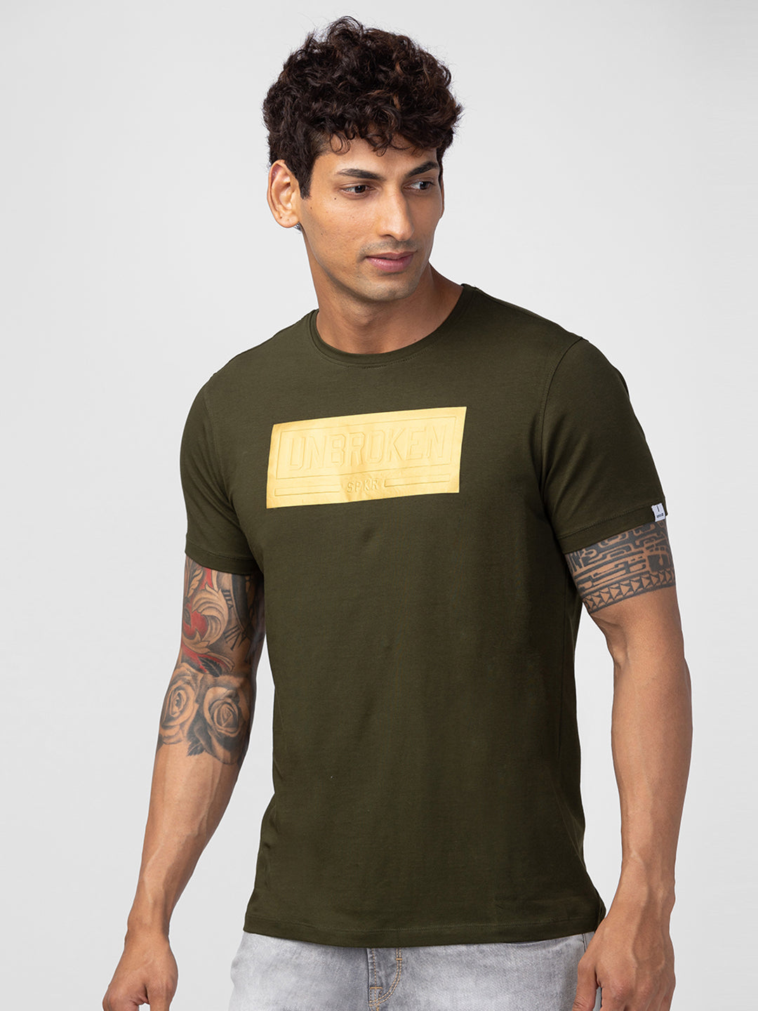 Spykar Men Rifle Green Cotton Regular Fit Half Sleeve Printed T-Shirt