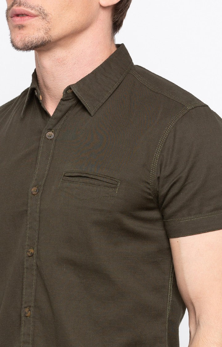 Spykar Men'S Green Cotton Solid Casual Shirts