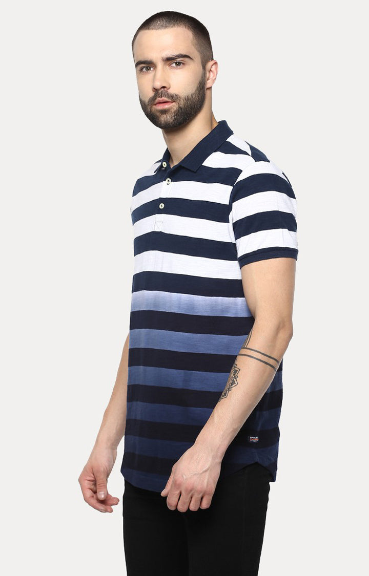 Spykar Dark Blue Striped Slim Fit Polo T-Shirt