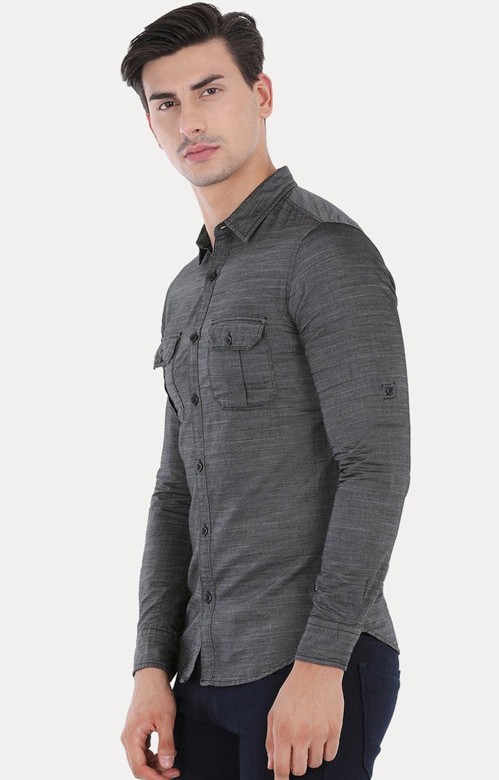 Spykar Men Black Cotton Slim Fit Full Sleeve Plain Shirt