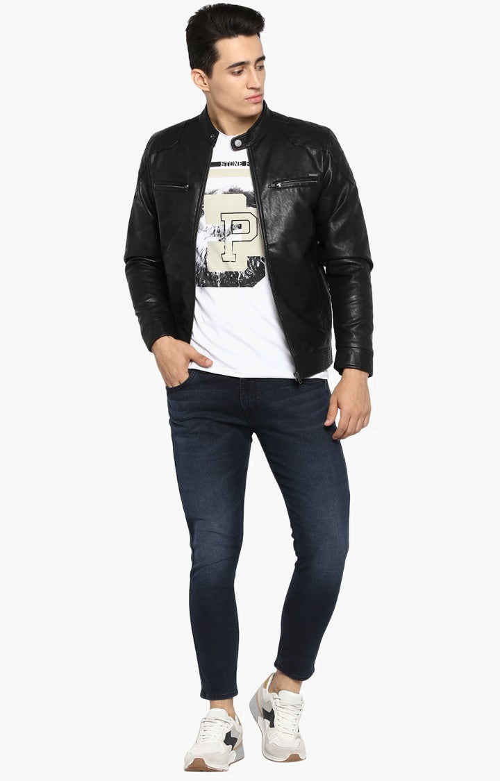 Spykar Men Black Printed Slim Fit Leather Jacket